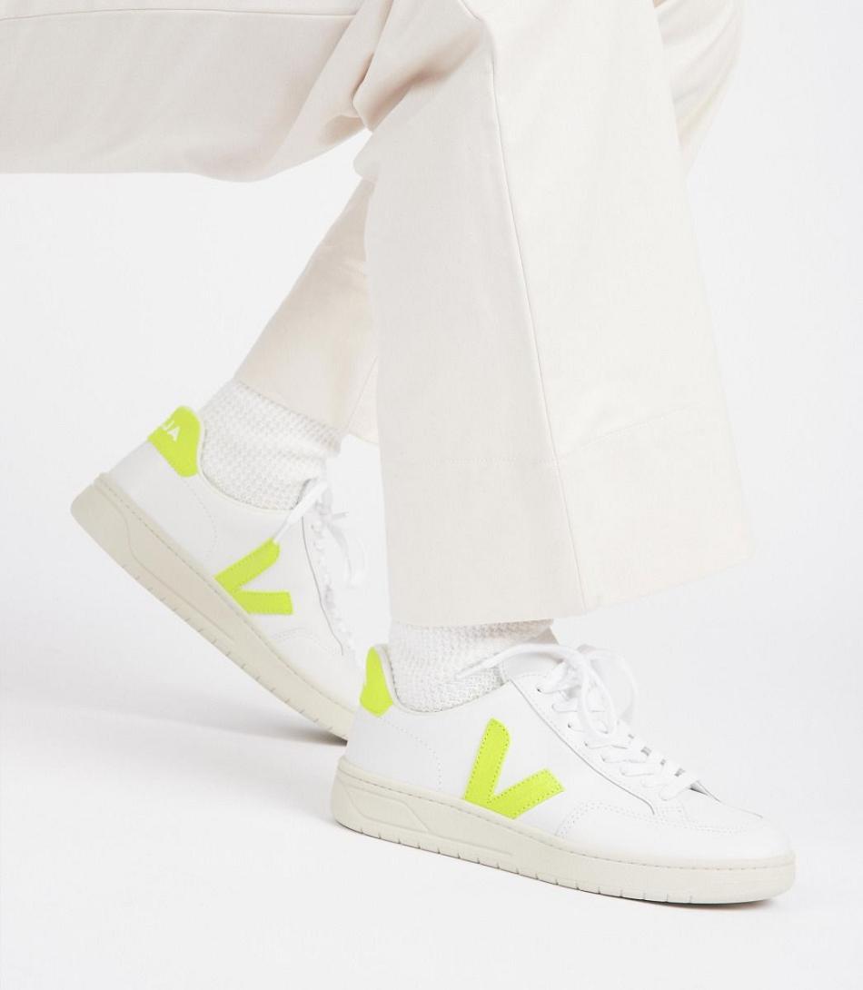 Veja V-12 Leder Jaune Fluo Adults Outlet Weiß | ZAEAH15894